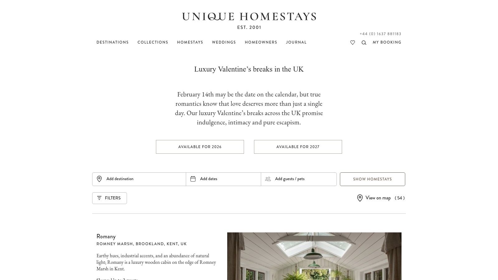 A screenshot of the Unique Homestays website showcasing a romantic cottage available for a Valentine's Day break.