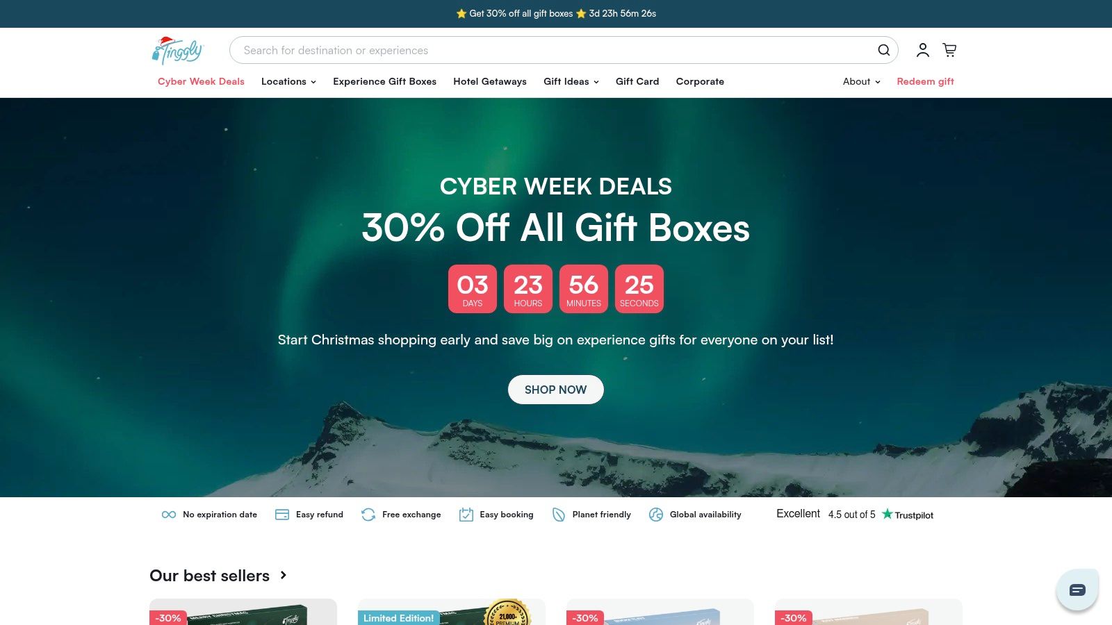 A screenshot of the Tinggly website showcasing its global experience gift boxes and the variety of activities available for mums.