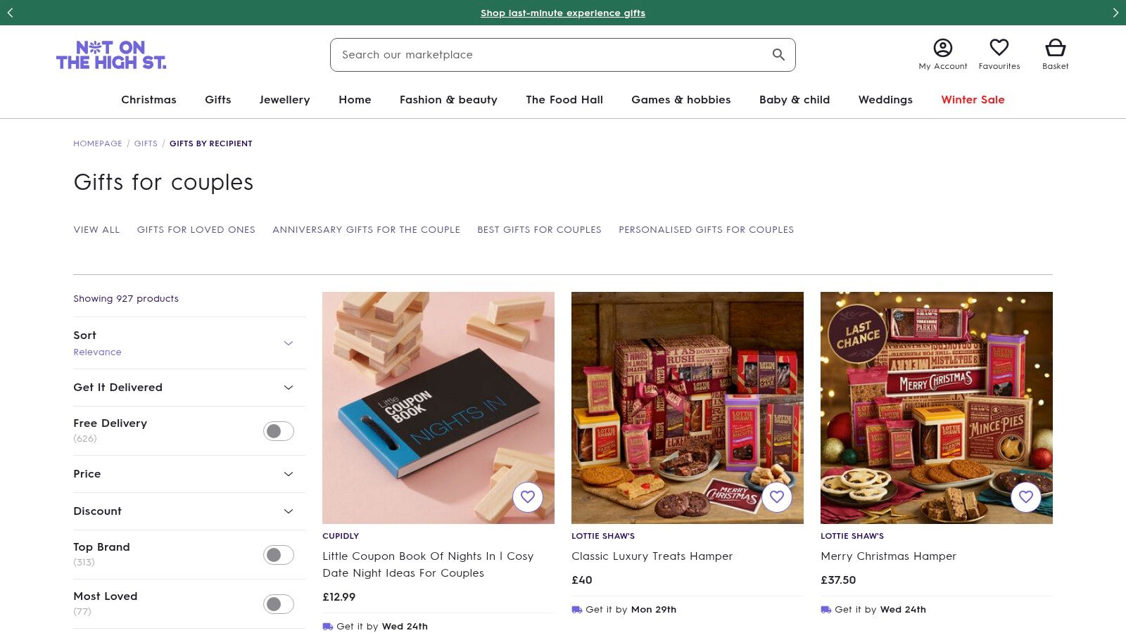 A screenshot of the Not On The High Street website, showcasing a variety of personalised and unique gifts for couples.