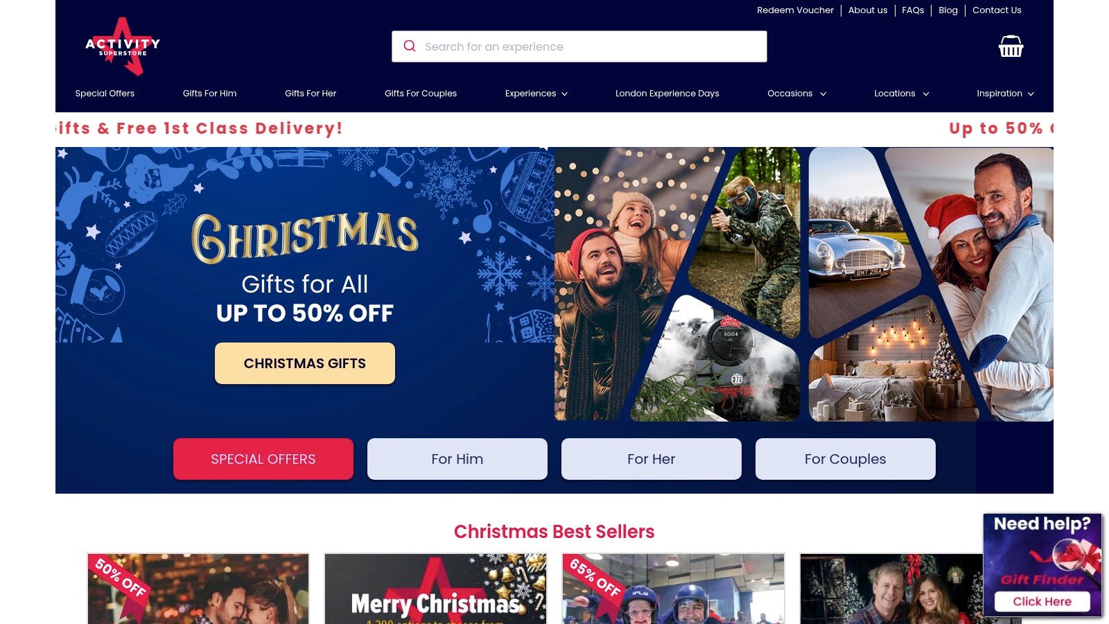 A collage of UK weekend break and Christmas gift experiences from Activity Superstore, including afternoon tea, supercars, and hotel getaways.