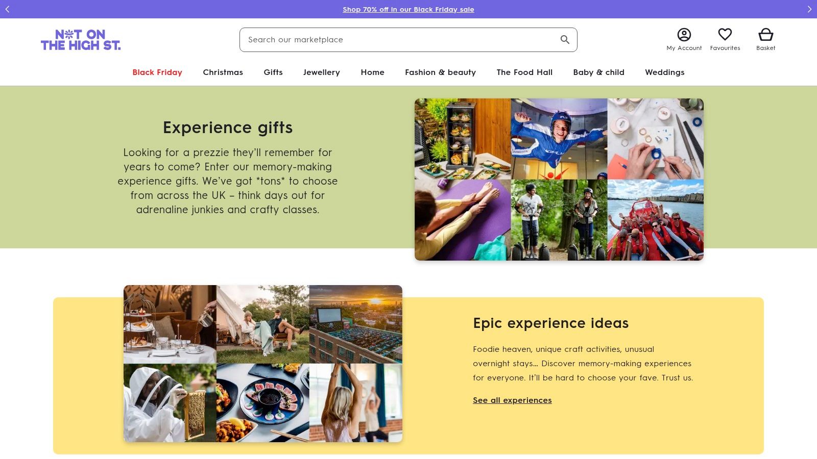 A screenshot of the Not On The High Street website showing its curated selection of experience gifts, highlighting craft workshops and artisan food tastings.