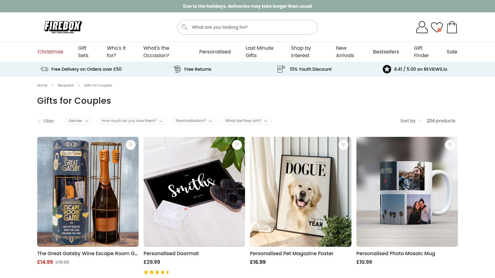 A screenshot of the Firebox website, showing a selection of quirky and personalised gifts suitable for couples.