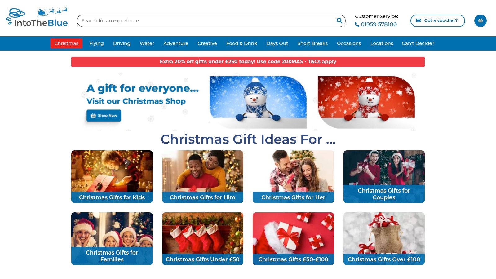 A screenshot of the Into The Blue website showing a selection of experience gifts for mum, including afternoon tea, workshops, and days out.