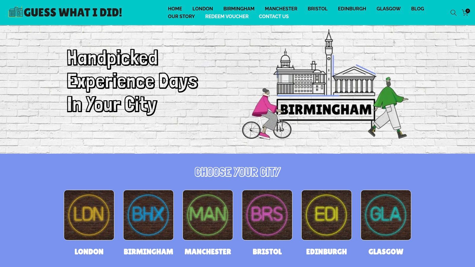 A screenshot of the Guess What I Did website homepage, showcasing various experience gift categories like Outdoor, Creative, and Food & Drink.