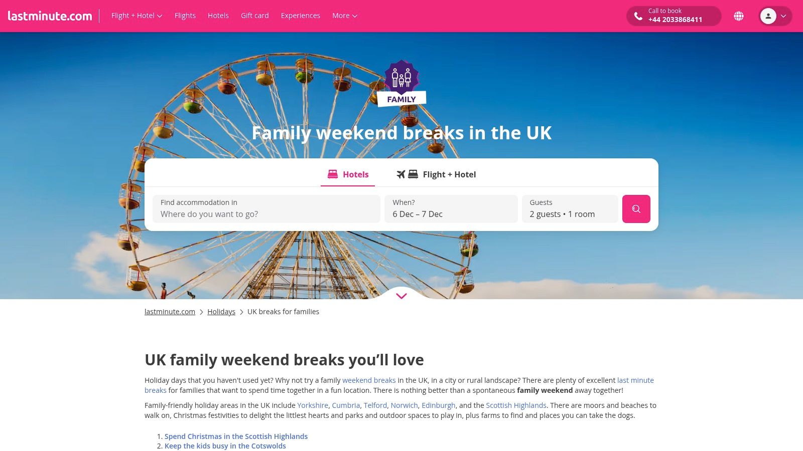 A Ferris wheel lit up at night, representing a fun UK city break.