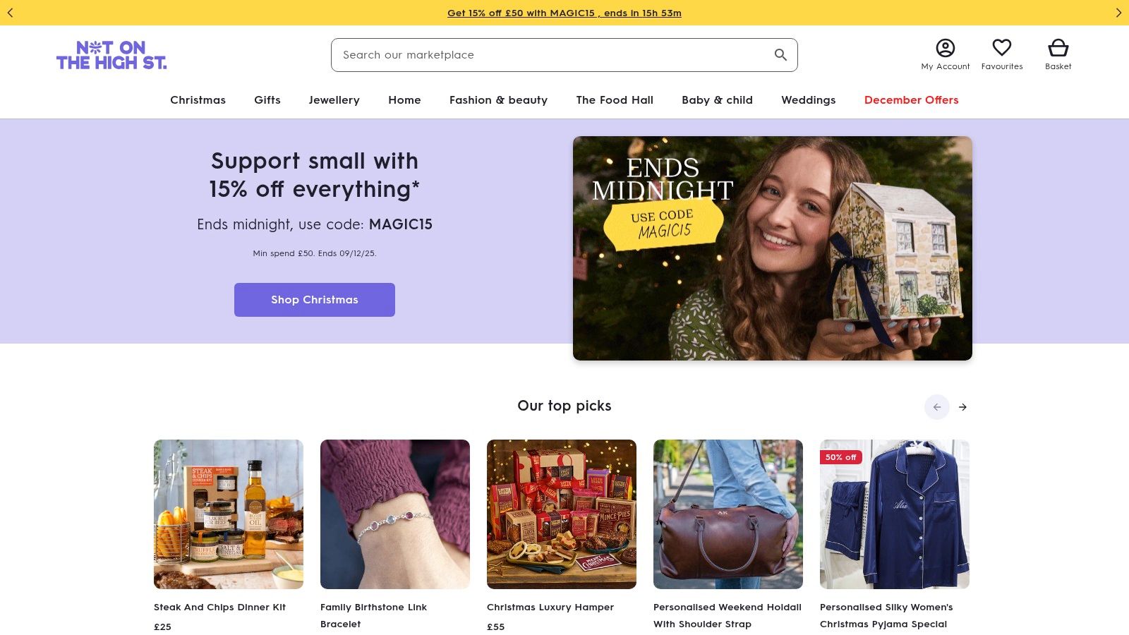 A screenshot of the Not On The High Street website showcasing a variety of unique, personalised gifts for men, including custom prints and engraved accessories.