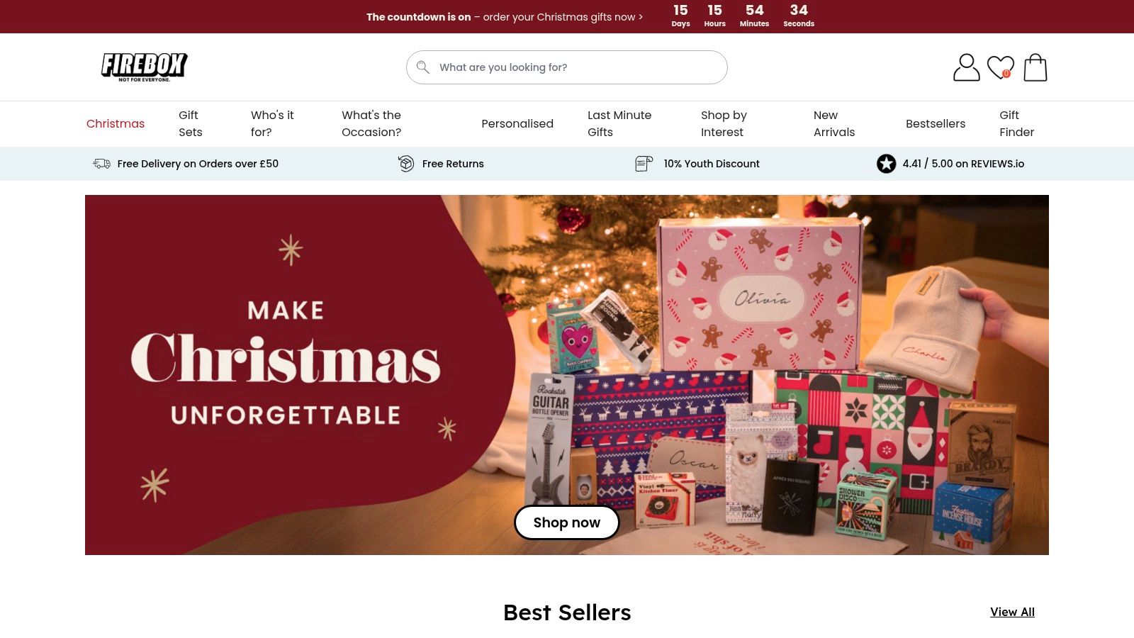 A screenshot of the Firebox website showing their Valentine's Day gift selection, featuring quirky and personalised items.