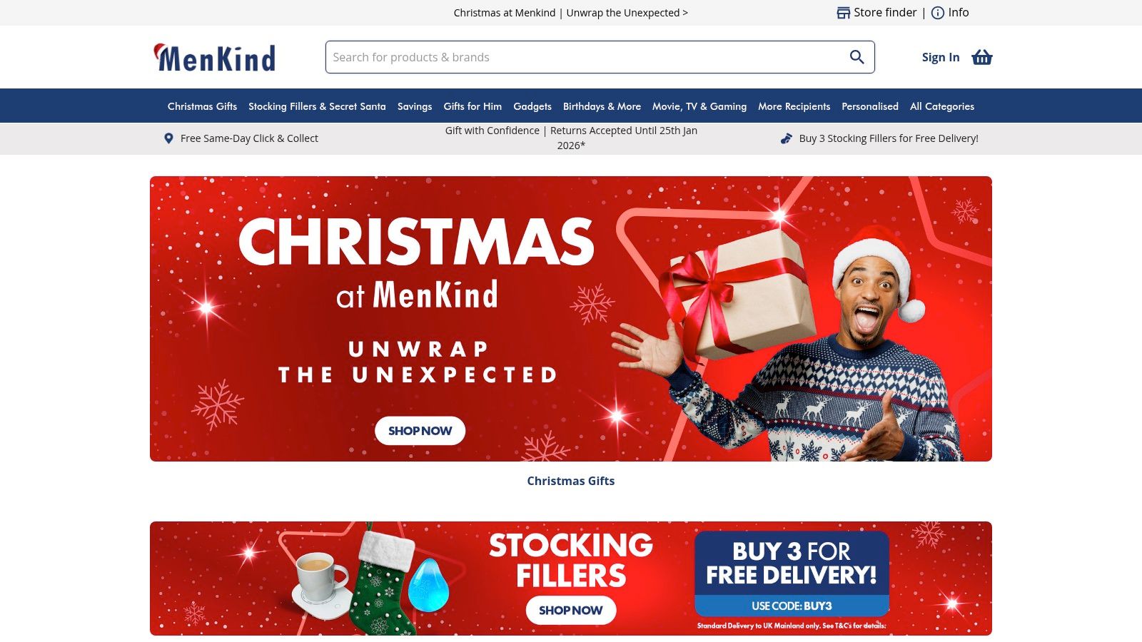 A screenshot of the Menkind website homepage, displaying various gift categories such as "Christmas Gifts," "Gifts for Him," and "Gadgets."