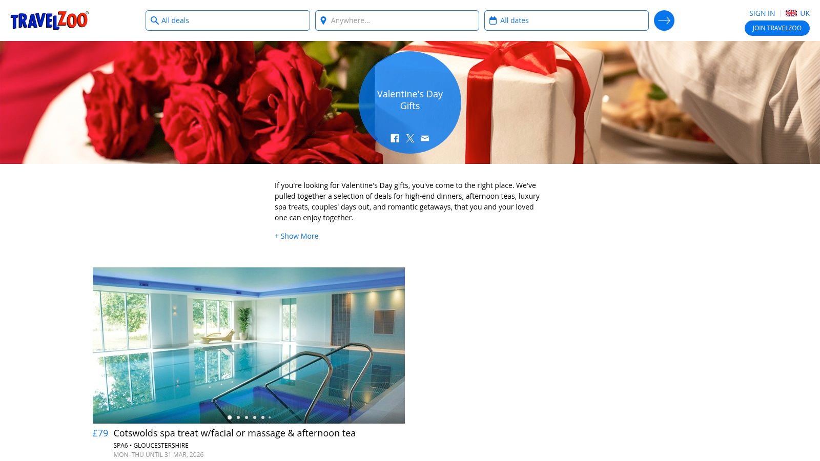 A screenshot of the Travelzoo UK website showing a curated collection of Valentine's Day gift deals.