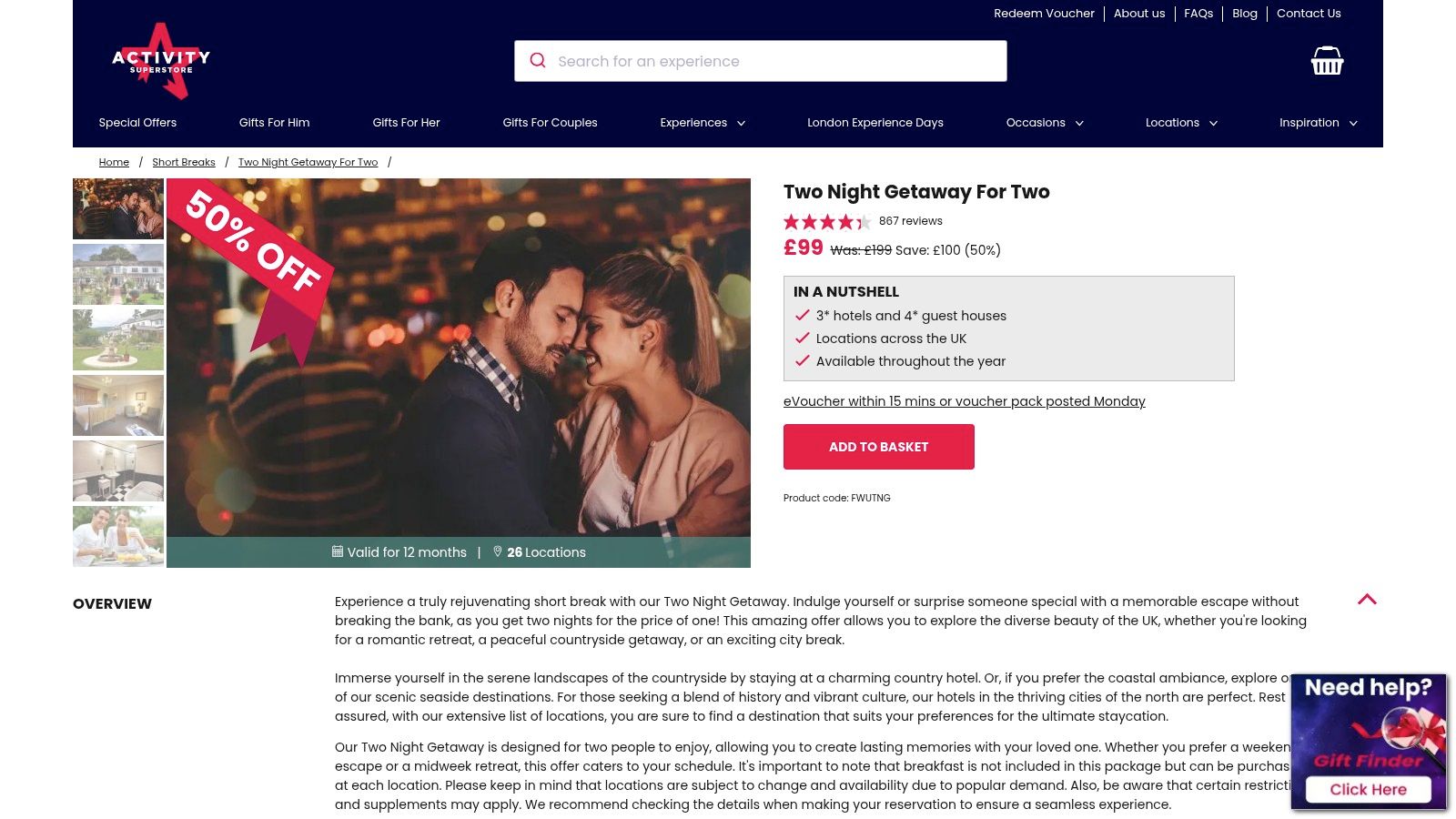 A couple enjoys a romantic hotel break, illustrating a cheap romantic UK break