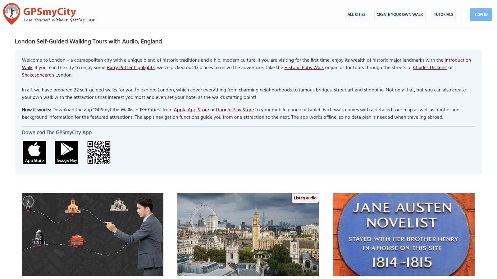 GPSmyCity app showing a map of a walking tour in London