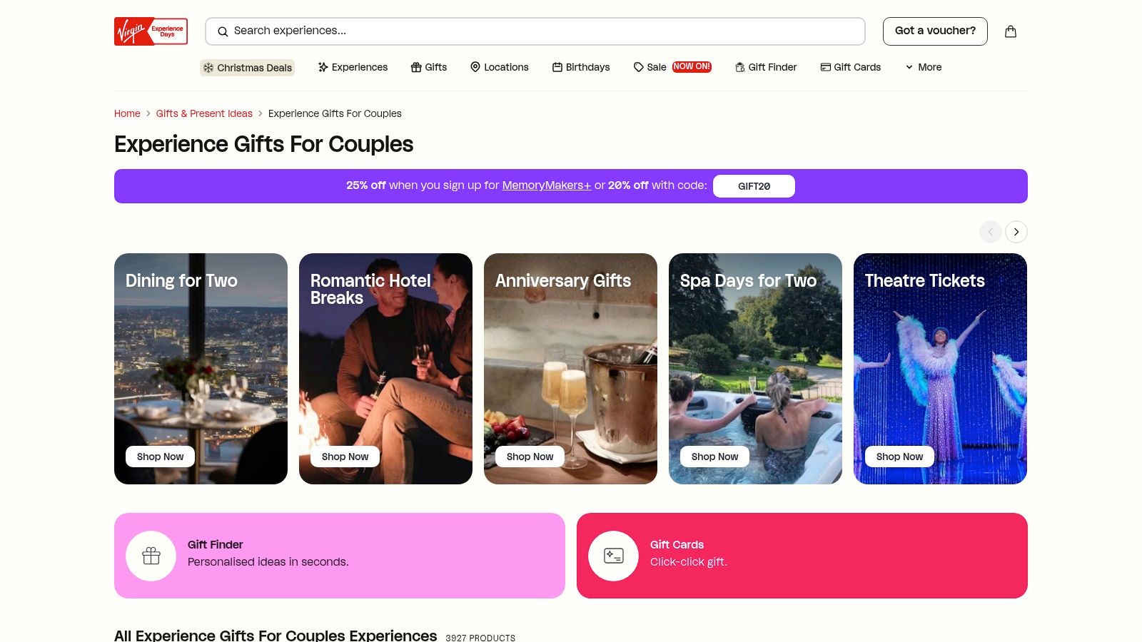 A screenshot of the Virgin Experience Days website, displaying various experience gifts for couples, including dining and adventure activities.