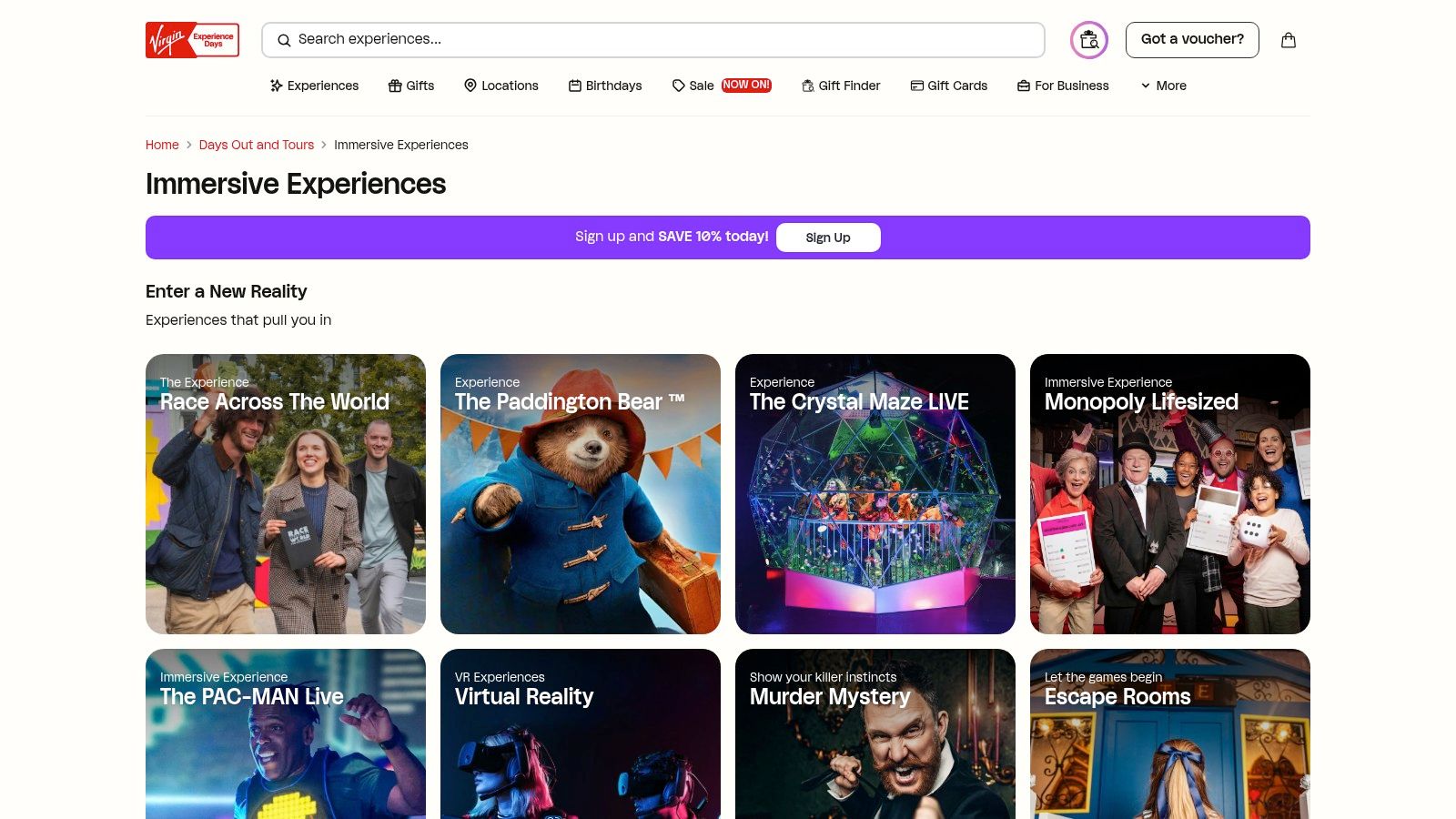 A screenshot of the Virgin Experience Days website showing its immersive experiences category.