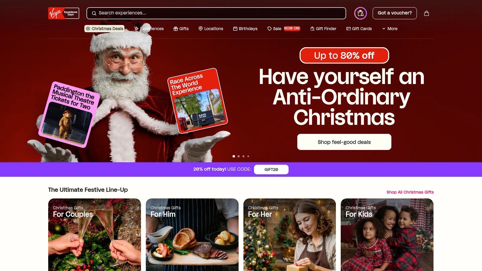 A screenshot of the Virgin Experience Days website showing a selection of experience gifts for mum, including spa days, dining, and other activities.