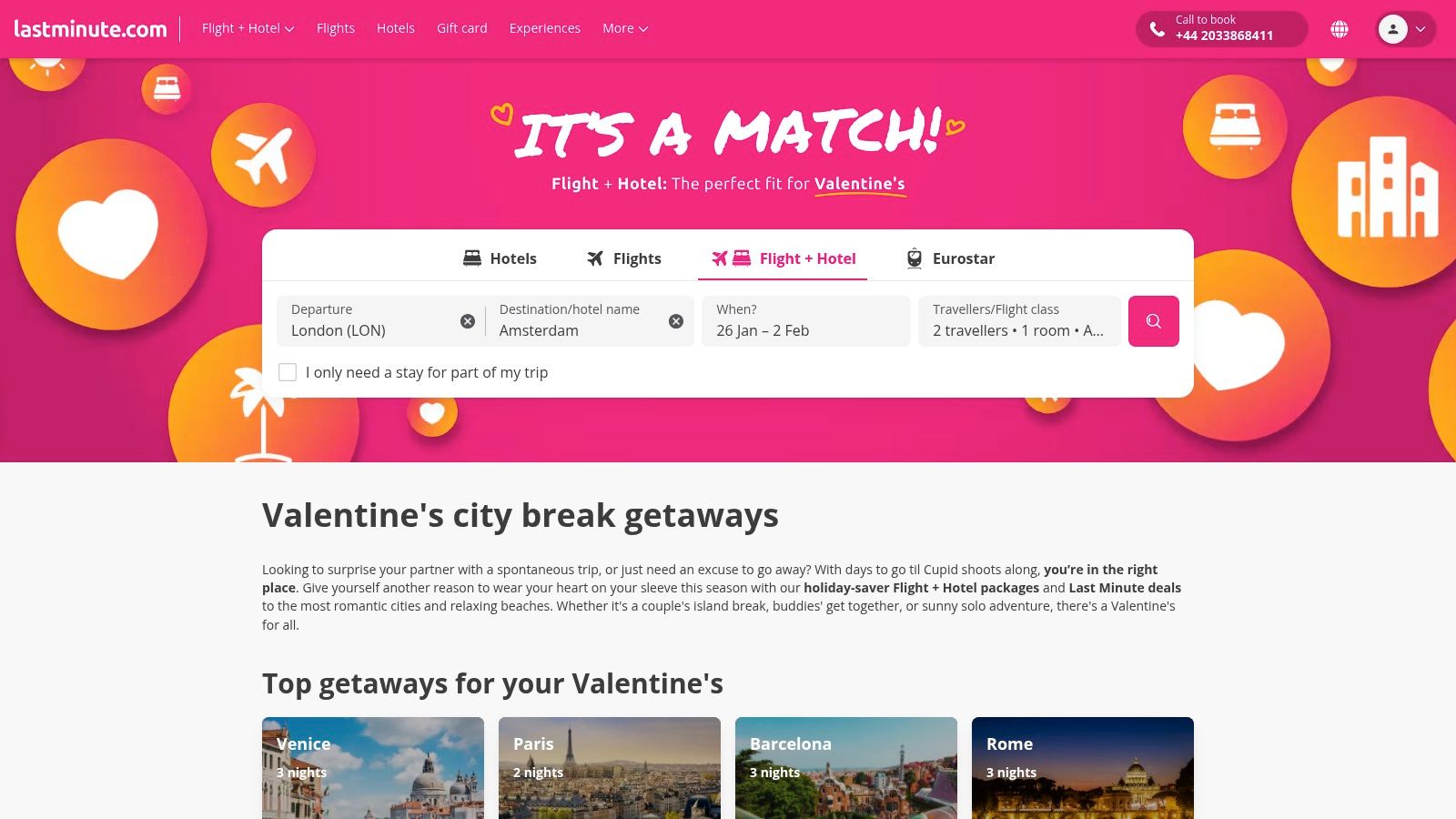 A screenshot of the lastminute.com website showing flight and hotel package deals for Valentine's Day.