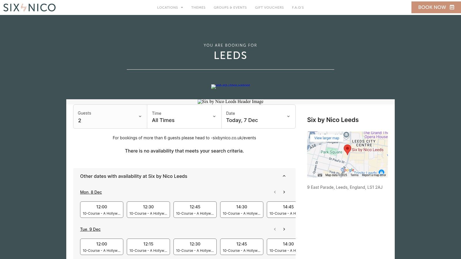 The modern and stylish interior of Six by Nico restaurant in Leeds, with tables set for a tasting menu experience.