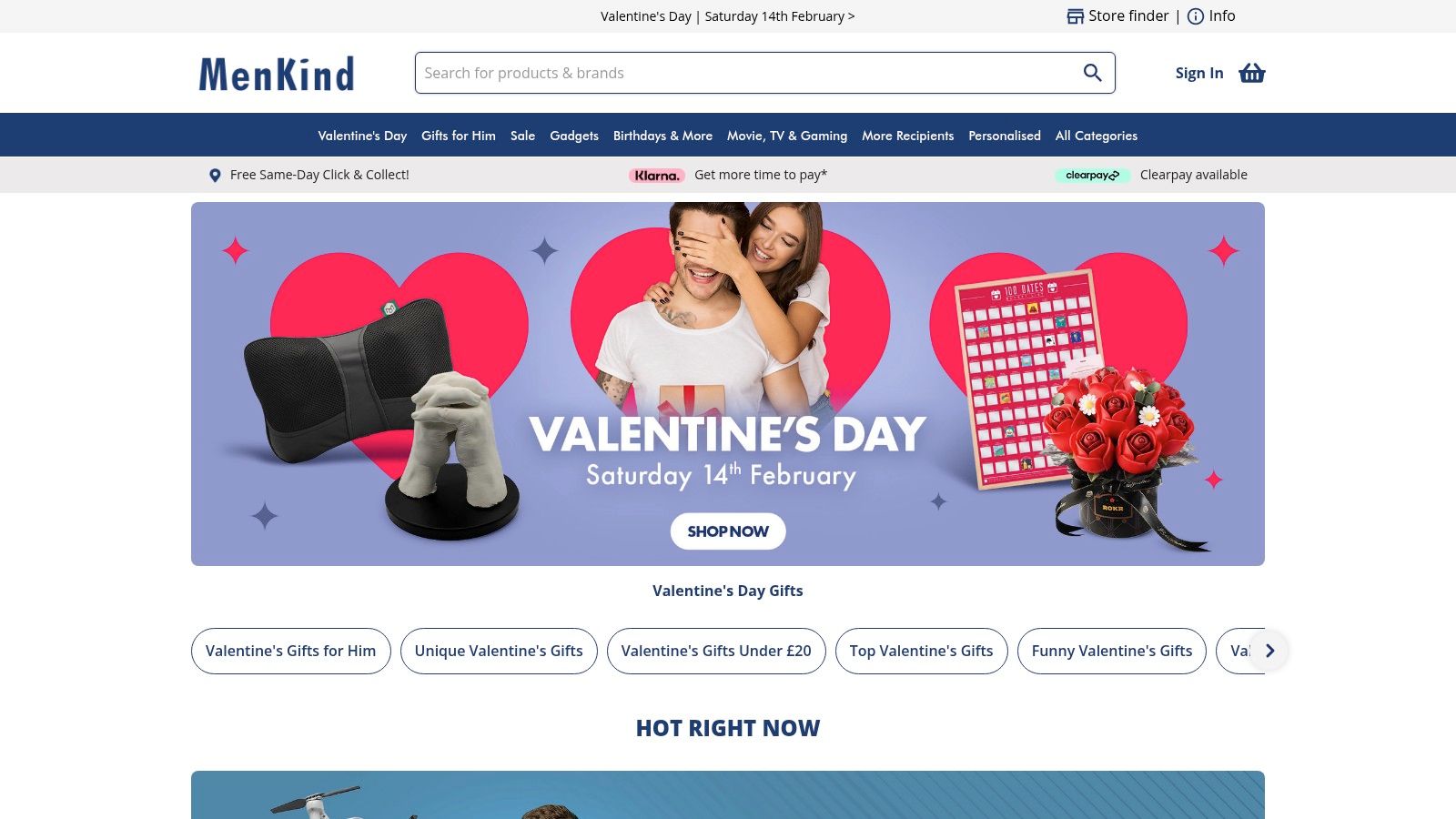 Menkind website screenshot showing a variety of gadgets and gifts.