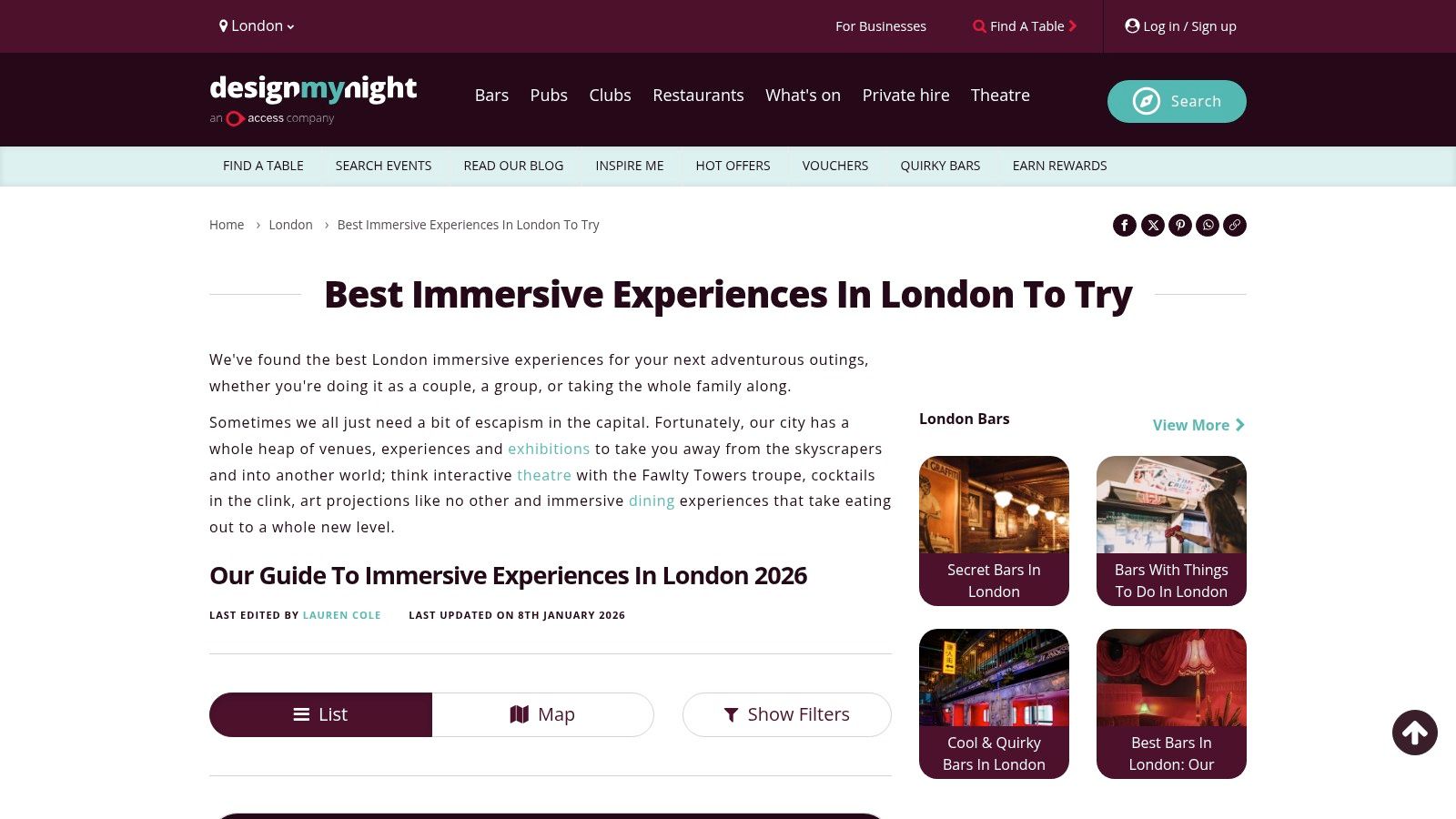 A screenshot of the DesignMyNight website, showing a curated list of immersive experiences available in London.