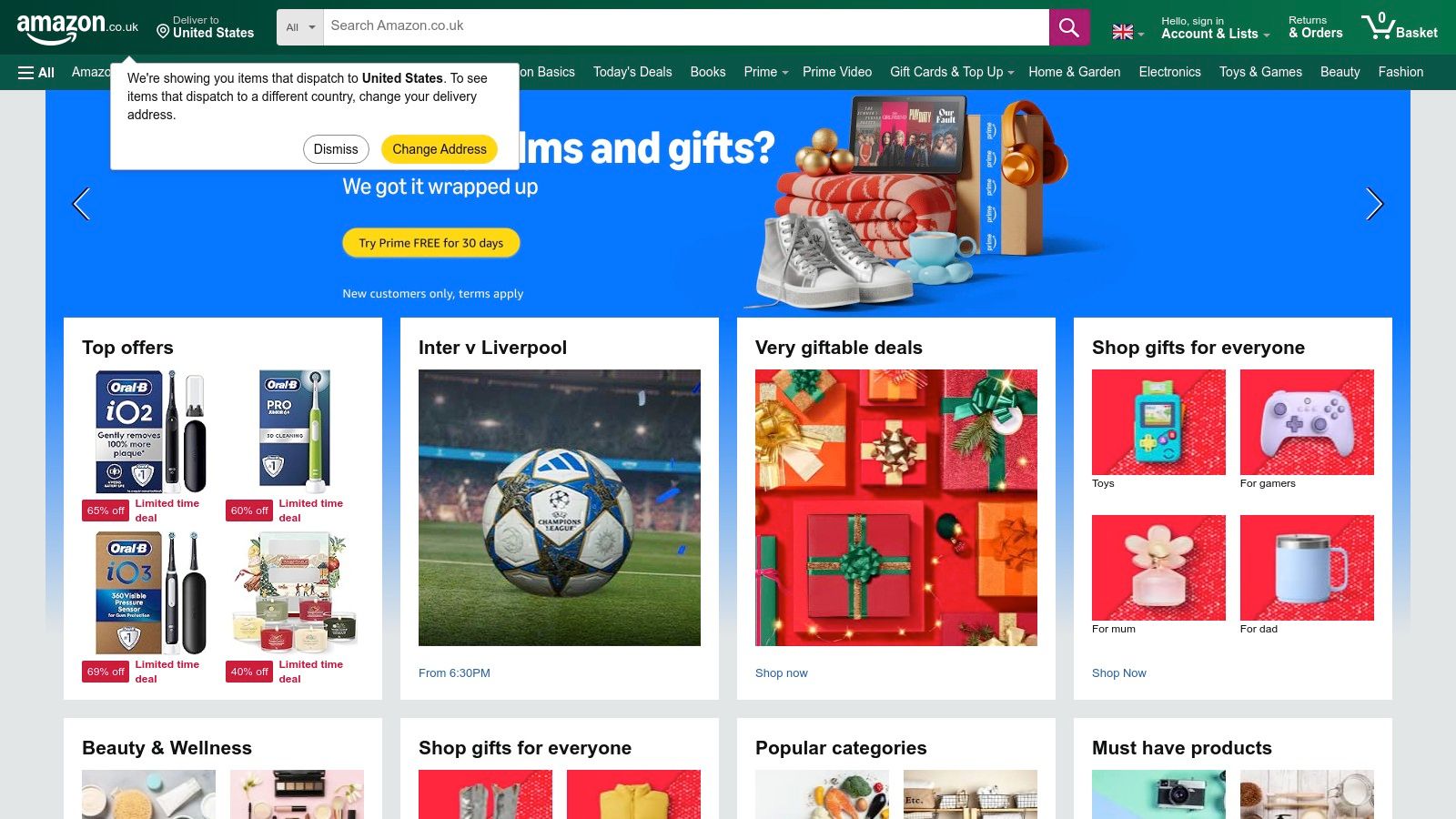 A screenshot of the Amazon UK website showing Valentine's Day shopping deals and gift ideas for him and her.