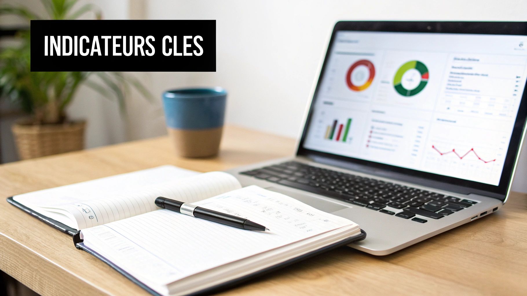 Un ordinateur portable affichant des tableaux de bord de données et graphiques, avec un carnet, un stylo et une tasse sur un bureau en bois, et le texte 'INDICATEURS CLÉS'.
