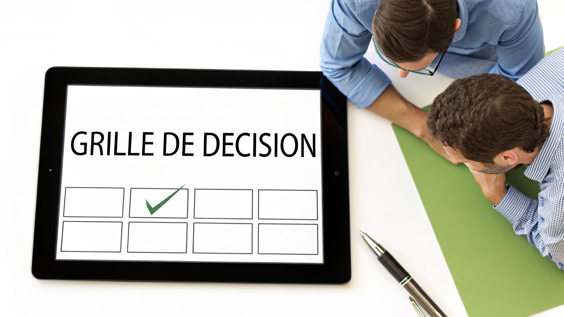 Deux hommes analysent une grille de décision affichée sur une tablette, symbolisant un choix ou une étape de projet.