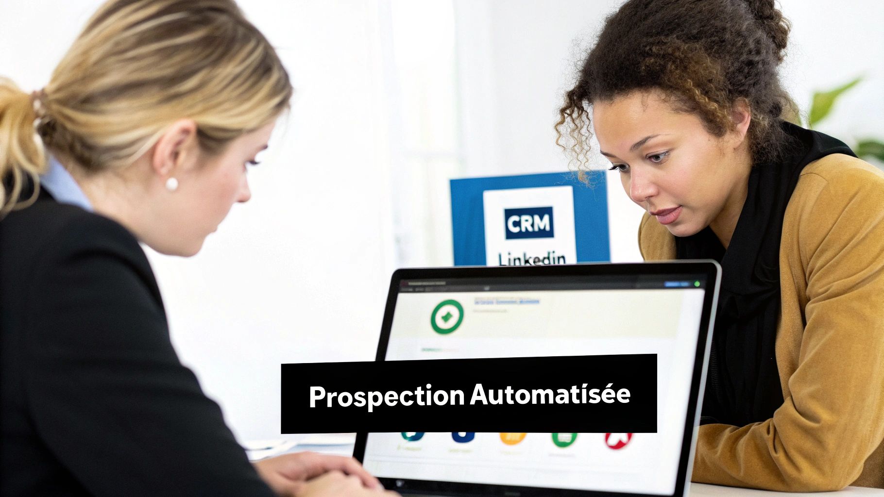 Deux femmes discutent devant un ordinateur portable affichant "Prospection Automatisée", avec des logos CRM et LinkedIn en arrière-plan.