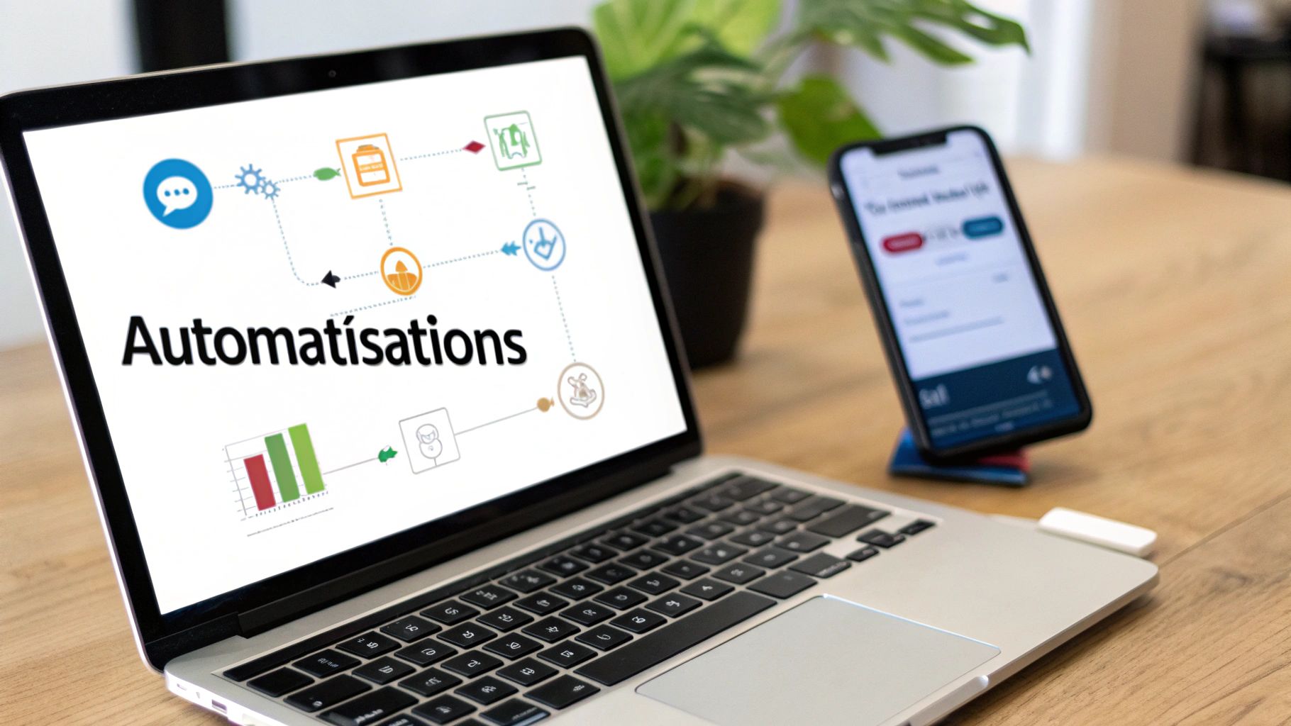 Un ordinateur portable affichant un diagramme de flux d'automatisation avec le texte 'Automatisations', à côté d'un smartphone.