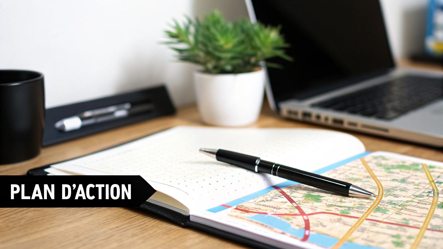 Un bureau ordonné avec un carnet ouvert, un stylo noir, une petite plante verte et un ordinateur portable. Le texte "PLAN D'ACTION" est affiché.