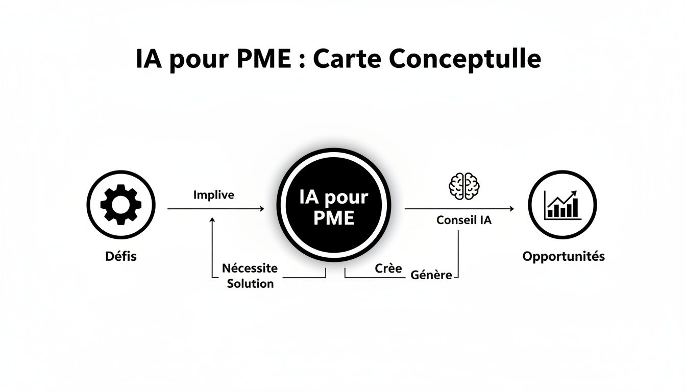 Carte conceptuelle montrant comment l'IA pour PME aborde les défis et génère des opportunités via le conseil.