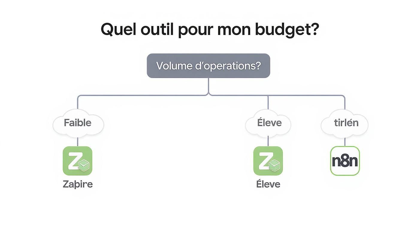 Diagramme comparant Zapier et n8n selon le volume d'opérations pour choisir un outil budgétaire.