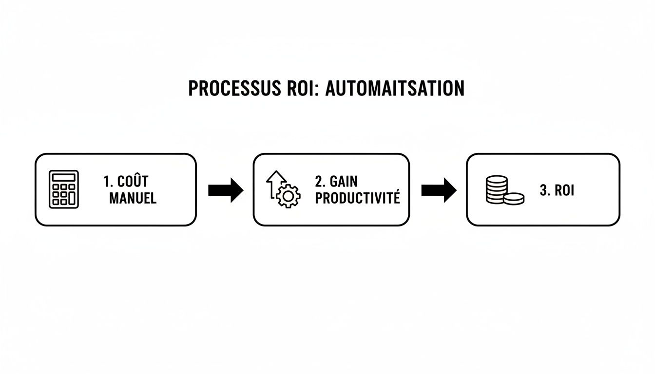 Diagramme illustrant le processus de calcul du ROI via l'automatisation: coût manuel, gain de productivité et retour sur investissement.