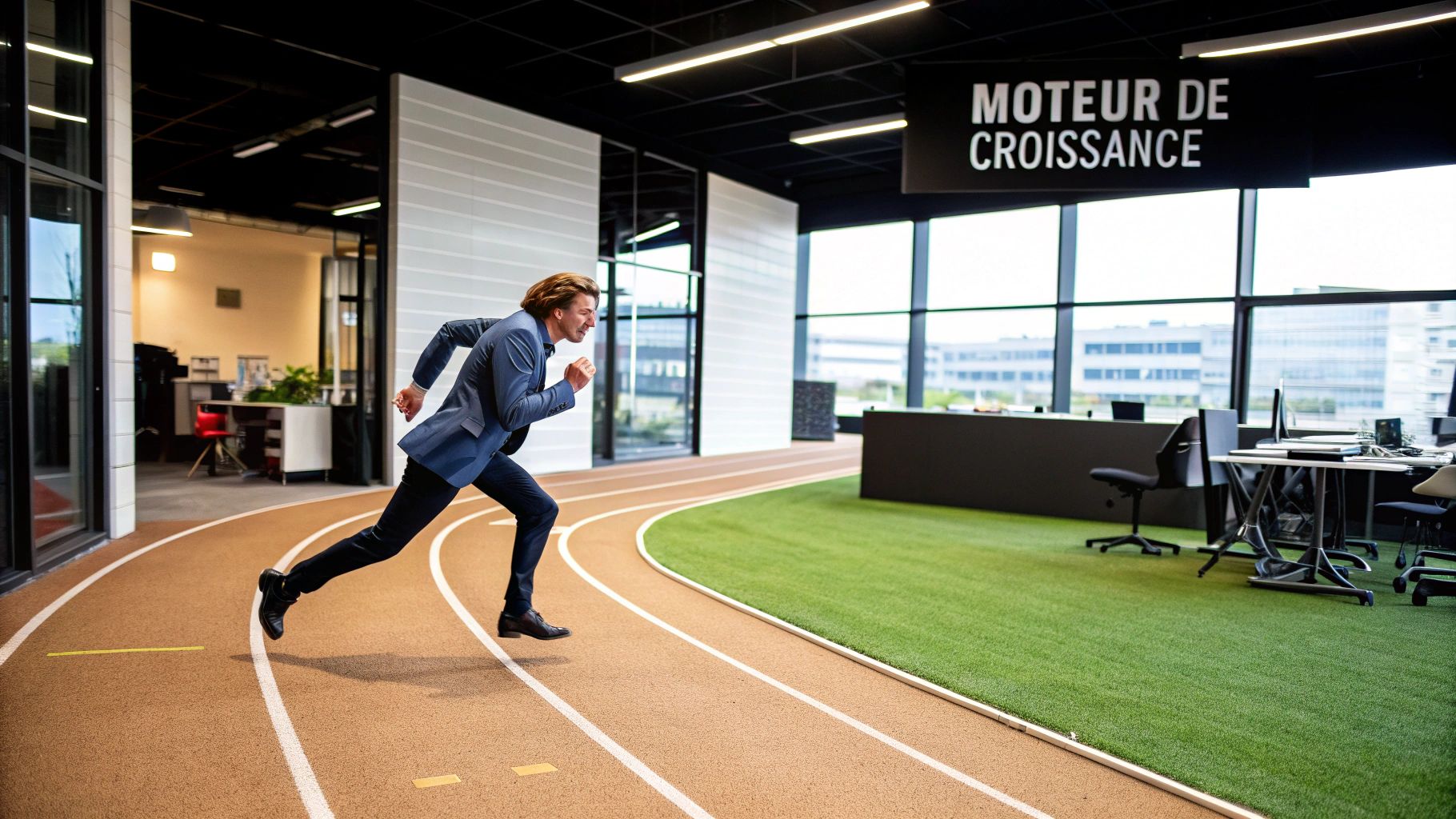 Un homme en costume court sur une piste d'athlétisme intérieure dans un bureau moderne avec le texte 'Moteur de Croissance'.