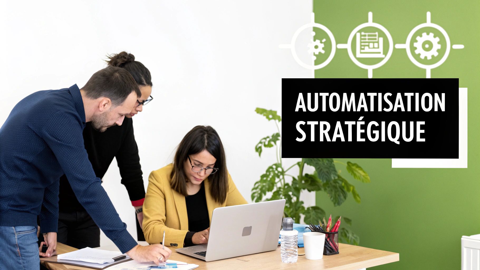 Trois collaborateurs discutent autour d'un ordinateur portable et de documents, abordant le thème de l'automatisation stratégique.