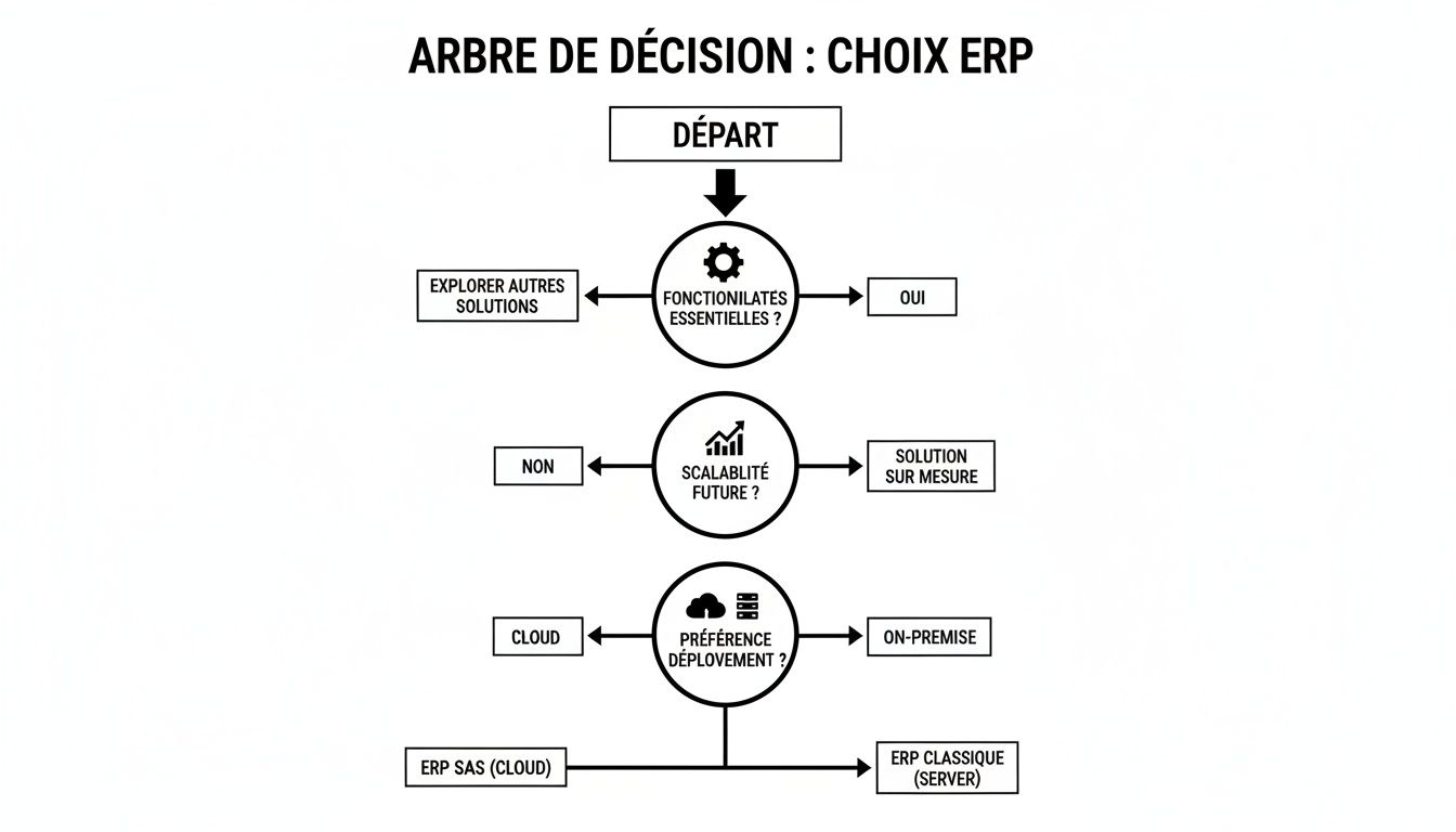 Un arbre de décision détaillé pour guider le choix d'un système ERP, abordant fonctionnalités, scalabilité et déploiement.