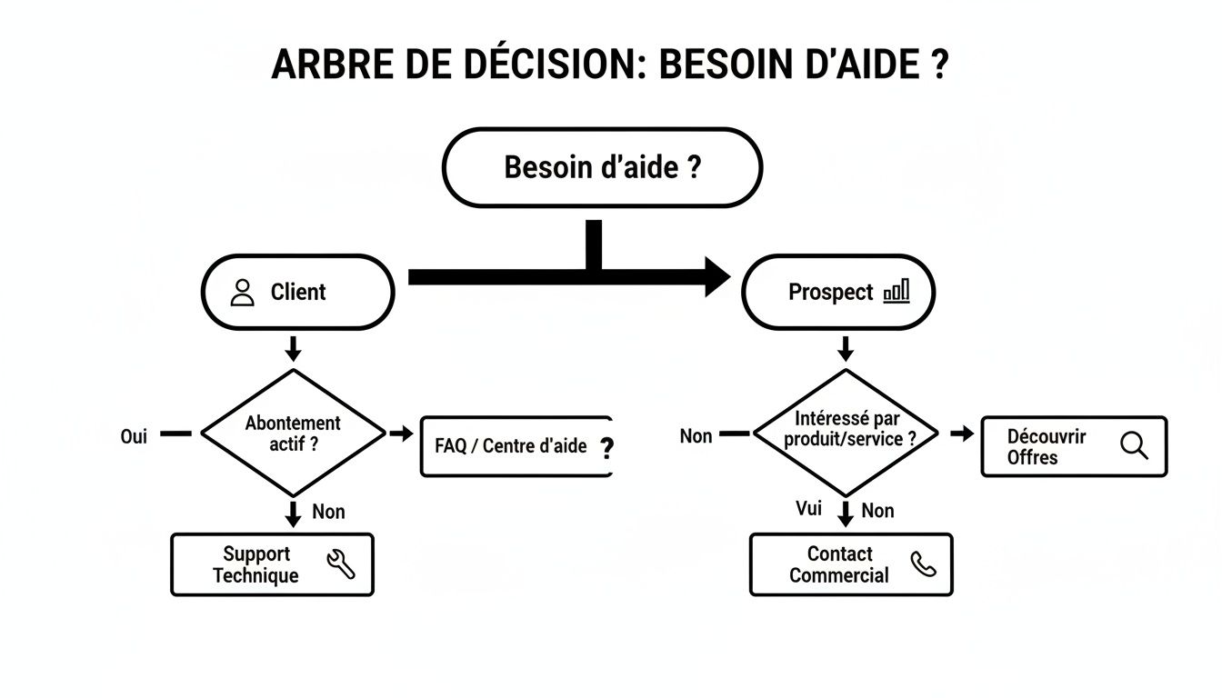 Arbre de décision pour identifier le bon support, guidant clients et prospects selon leurs besoins spécifiques.
