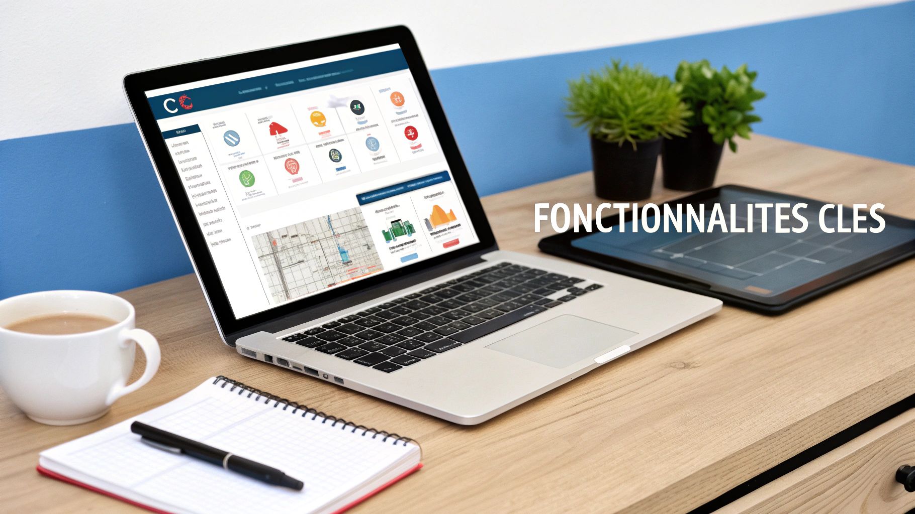 Un ordinateur portable et une tablette sur un bureau en bois, affichant des fonctionnalités clés d'un outil.