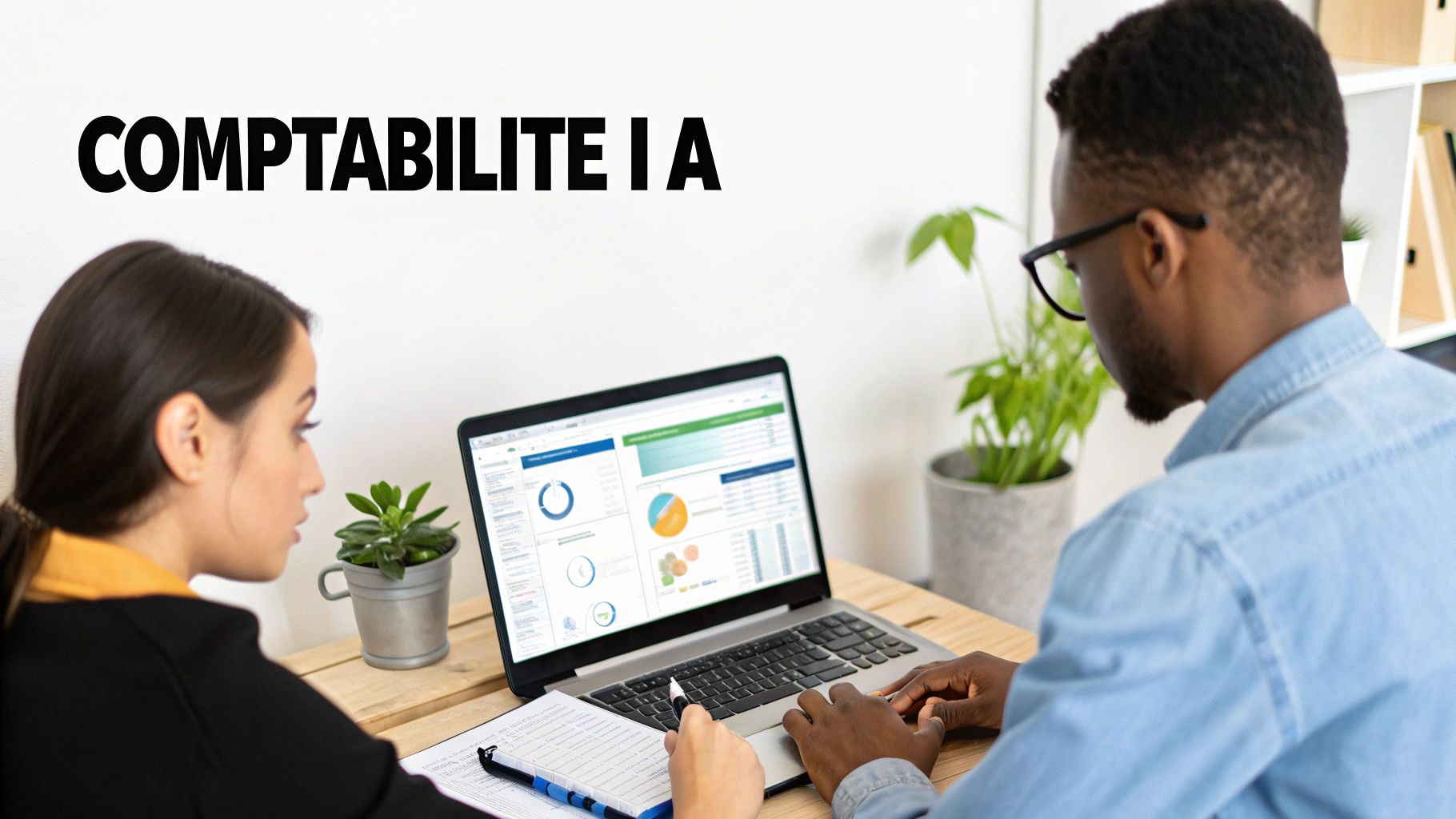 Deux professionnels examinant des données financières sur un ordinateur portable pour la comptabilité et l'intelligence artificielle.