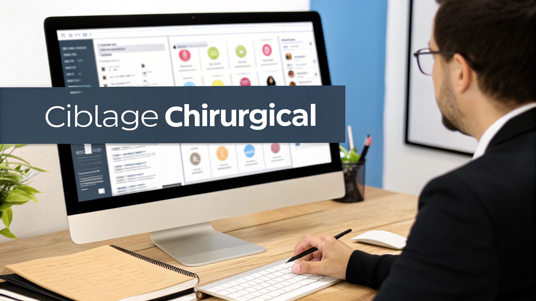 Un homme en costume travaille sur un ordinateur, le texte 'Ciblage Chirurgical' s'affiche en superposition.