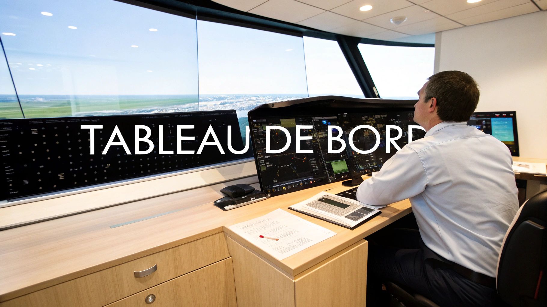 Contrôleur aérien en chemise blanche, assis devant de nombreux écrans d'ordinateur, avec une vue panoramique sur l'extérieur depuis une tour de contrôle.