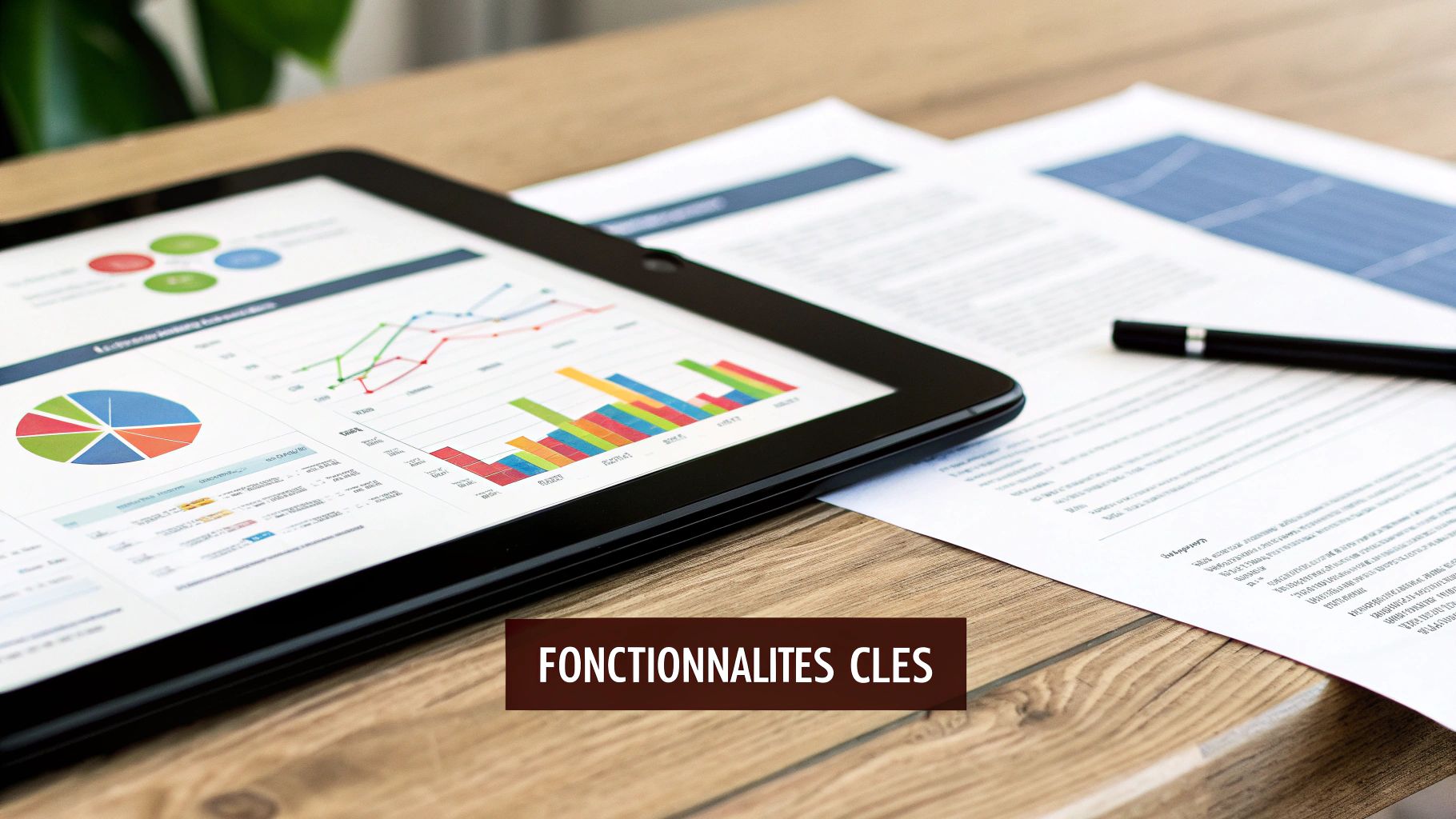 Tablette affichant des tableaux de bord avec graphiques et données sur un bureau en bois, avec documents.