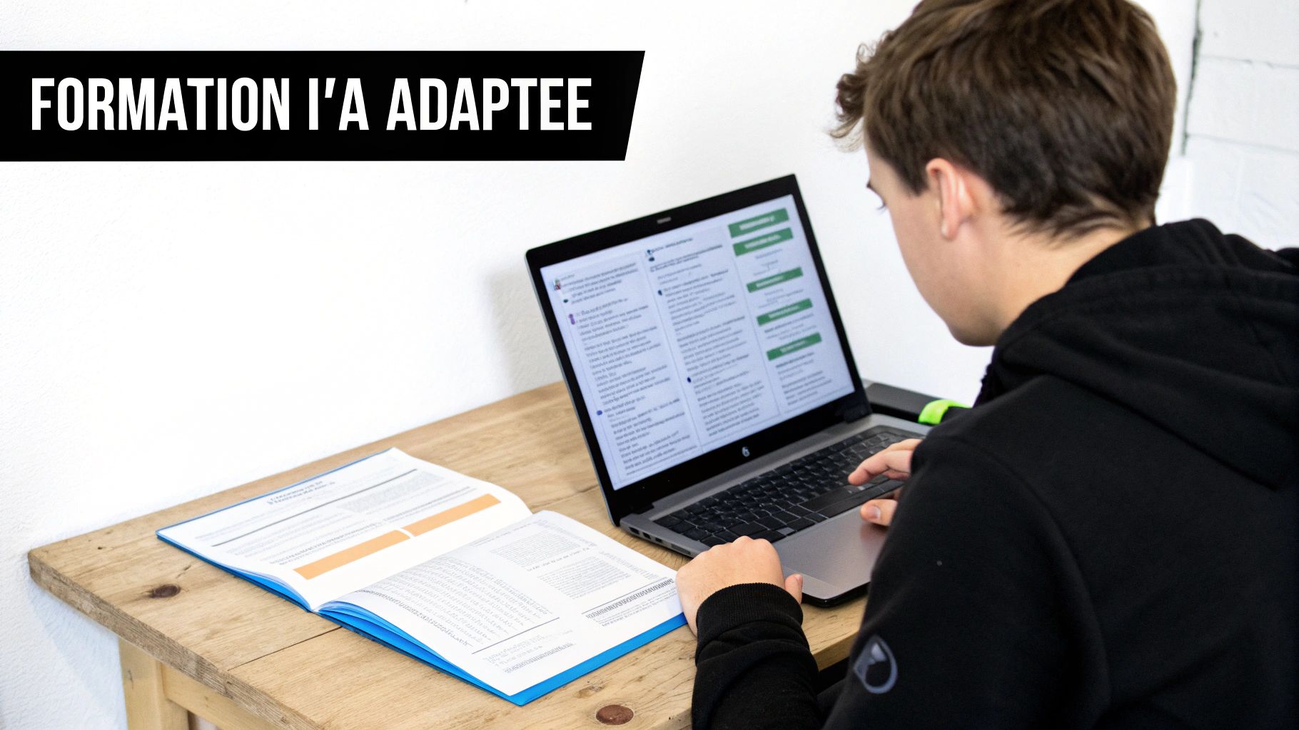Un jeune homme étudie avec un ordinateur portable et un livre ouvert sur un bureau en bois, avec le texte "FORMATION L'A ADAPTEE".