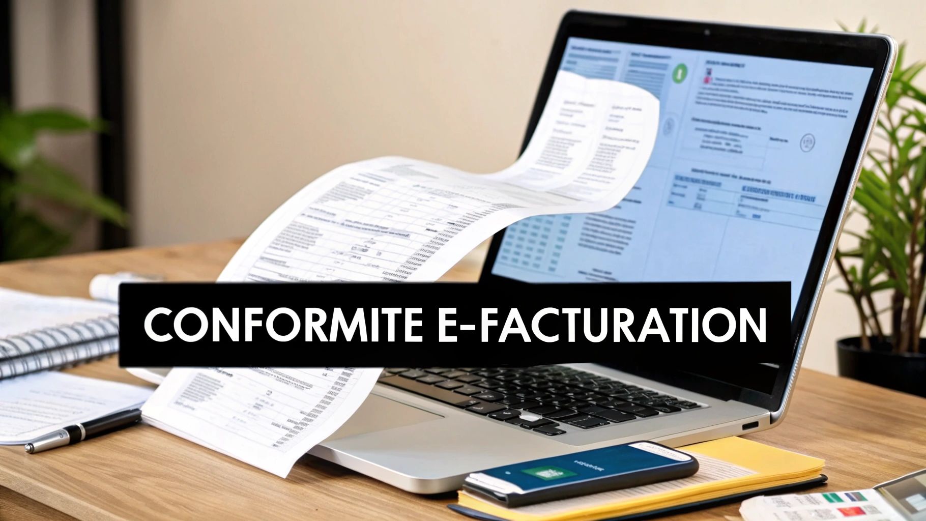 Un ordinateur portable sur un bureau en bois, affichant des documents numériques, avec l'inscription 'CONFORMITE E-FACTURATION'.