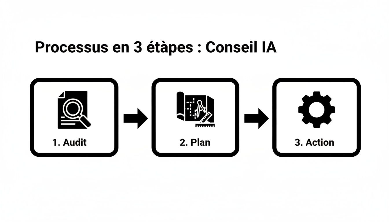 Diagramme du processus de conseil en intelligence artificielle, montrant les étapes: Audit, Plan, et Action.
