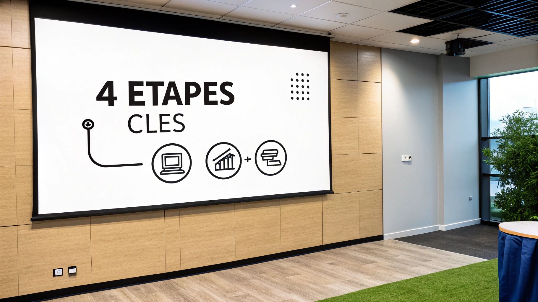 Un écran de projection dans une salle moderne affiche '4 Étapes Clés' avec des icônes explicatives.