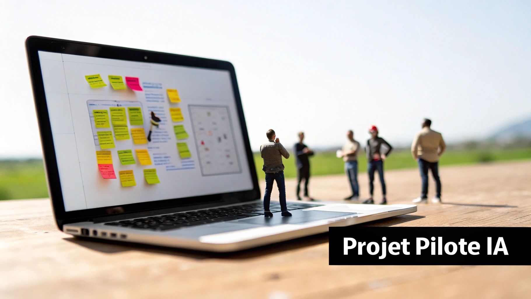Des figurines sur un ordinateur portable affichant un projet avec des post-it, un groupe discute dehors. Texte: Projet Pilote IA.