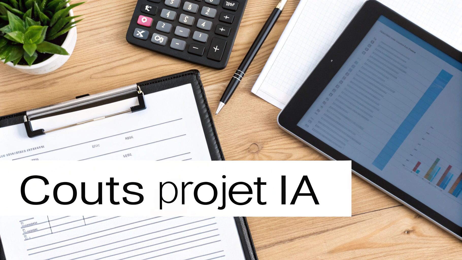 Vue de dessus d'un bureau avec calculateur, tablette affichant des graphiques et document sur les coûts de projet IA.