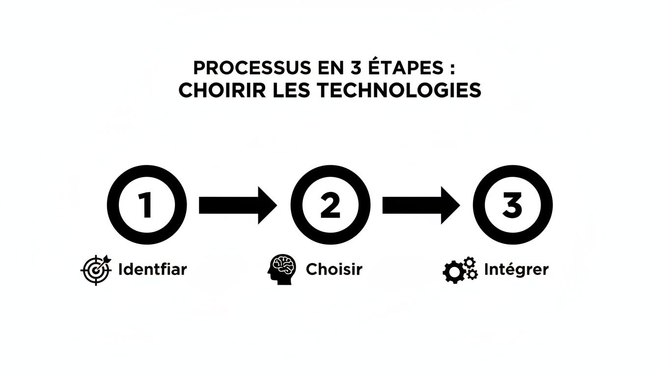 Diagramme illustrant un processus en 3 étapes pour choisir les technologies : identifier, choisir et intégrer avec icônes.