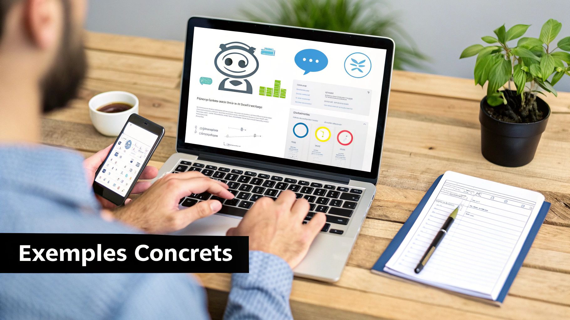Personne travaillant sur un ordinateur portable avec des graphiques, un téléphone et un carnet sur un bureau en bois. Le texte indique 'Exemples Concrets'.