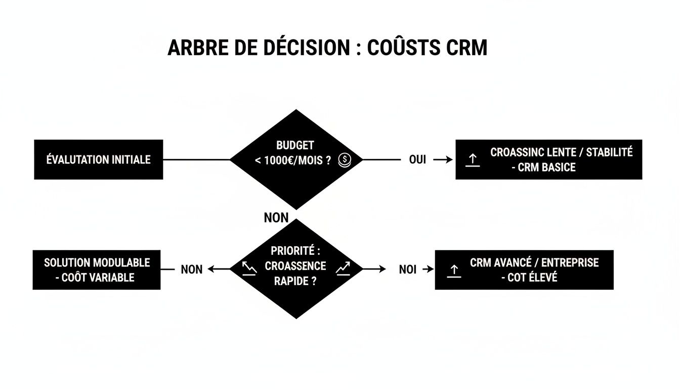 Arbre de décision sur les coûts CRM, guidant le choix d'un CRM en fonction du budget et de la priorité de croissance.