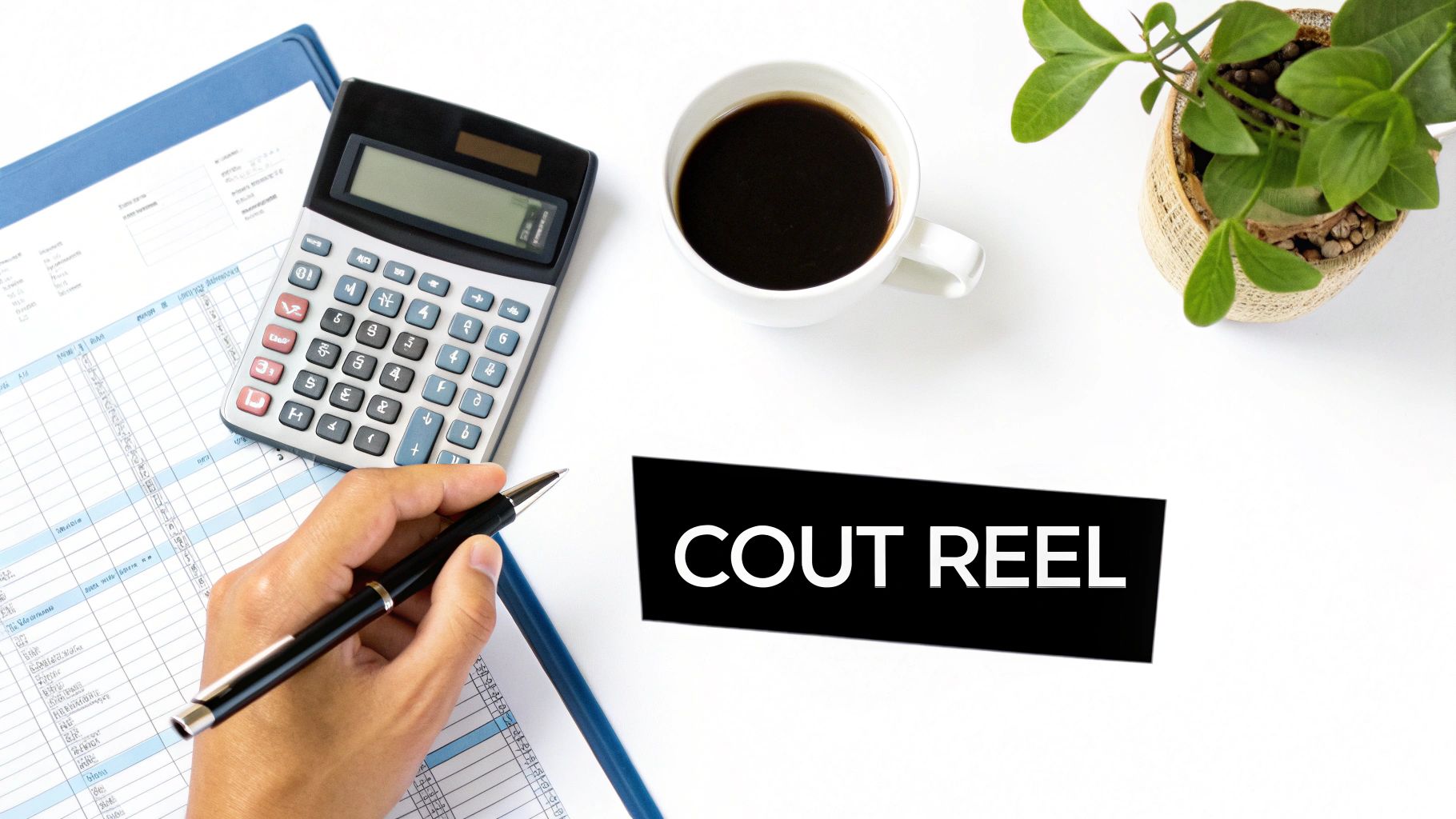 Une main tient un stylo sur des documents financiers avec une calculatrice, une tasse de café et une plante, affichant le texte "COUT REEL".